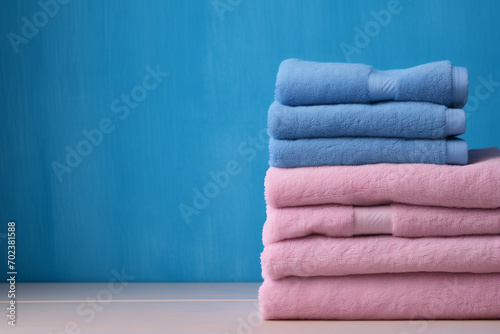 towels four fleece pink and blue colors stacked on countertop against wall background