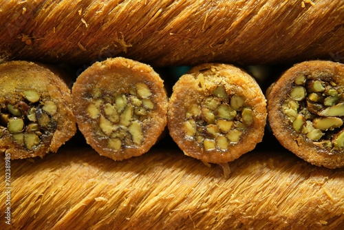 Close up view of freshly made delicious pistachio baklava