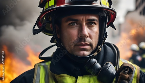 A firefighter bravely facing danger, determined to protect and serve © Dragon Stock
