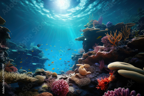 A coral reef ecosystem thriving with a myriad of marine life, exemplifying the symbiotic relationships between different species beneath the ocean surface. Generative Ai. photo