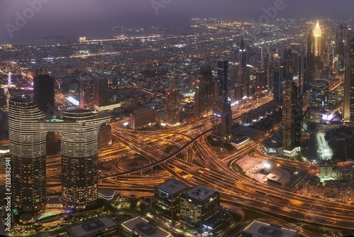 Panoramic twilight view of Dubai skyscrapers from At The Top, Burj Khalifa observation deck, Dubai, UAE