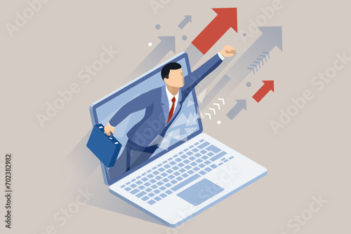 Isometric laptop-wielding man scales the career ladder, achieving his business plan goals, earning promotions, and becoming a successful leader and champion.