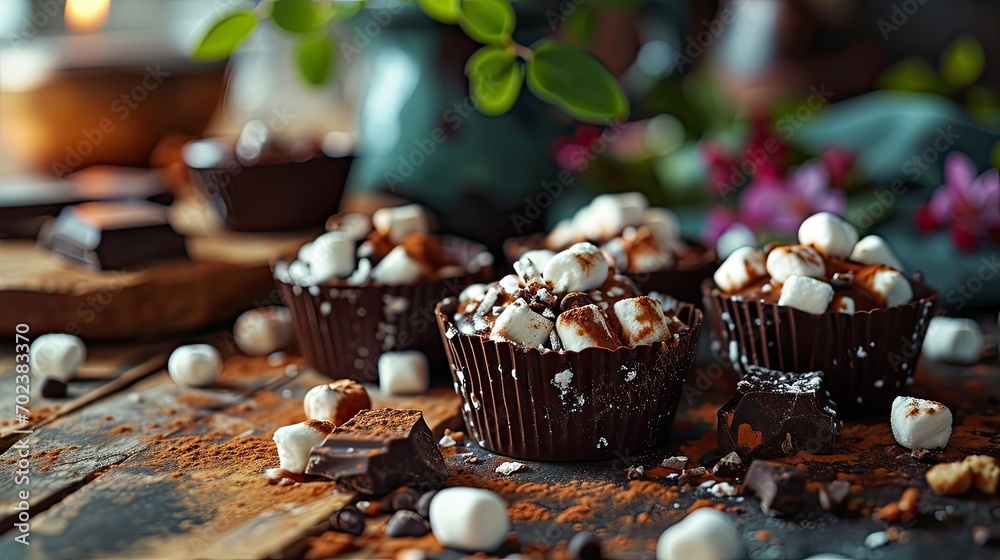 Tasty Marshmallows Chocolate Cups On Table, Background HD, Illustrations Tasty Marshmallows Chocolate Cups On Table, Background HD, Illustrations