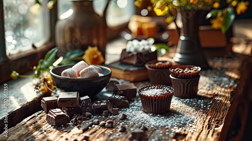 Tasty Marshmallows Chocolate Cups On Table, Background HD, Illustrations