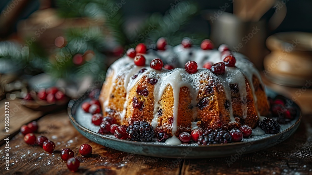 Traditional Christmas Cake Cranberry Near Wreath, Background HD, Illustrations