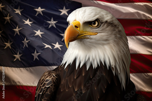 A bald eagle with the US flag in the background
