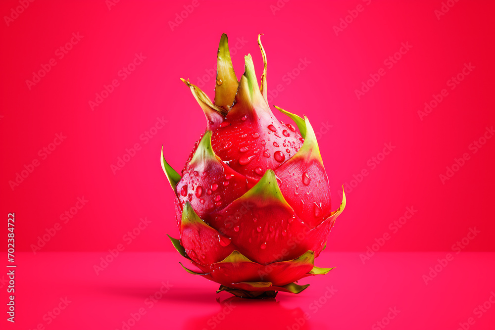 A dragon fruit on a plain red color background A dragon fruit on a plain red color background