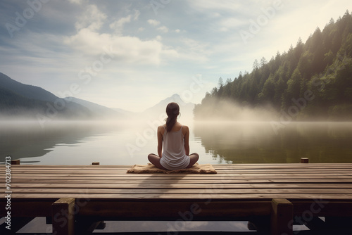 Young woman meditating on a wooden pier on the edge of a lake in a peaceful natural environment. photo