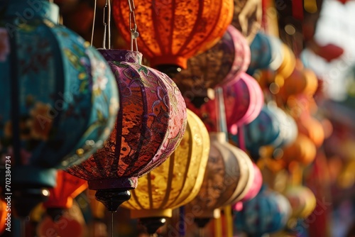 Artistry in Illumination  Close-Up of Handmade Silk Lanterns for Sale at a Street Market in Hoi An  Vietnam.  