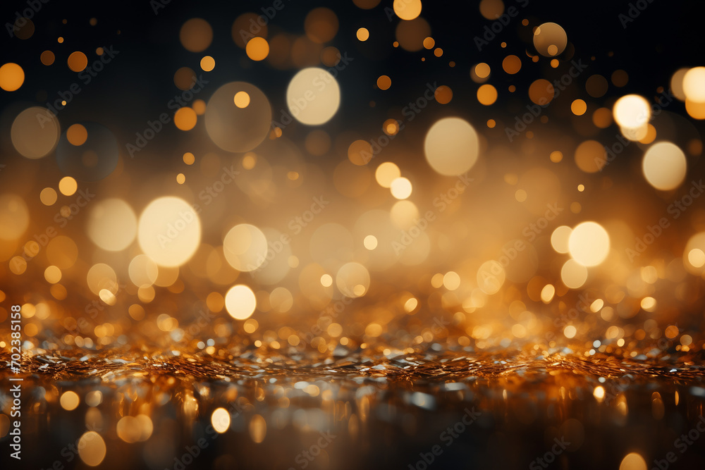 Golden glitter with golden bokeh particles. Abstract macro photo and 3D style. Design for poster, wallpaper, print, banner, greeting card, invitation. Panoramic view