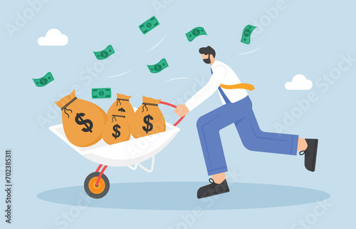 Businessman carrying money bag on a wheelbarrow, vector illustration

 photo