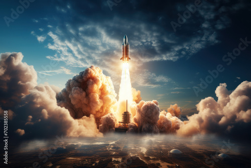 A rocket launching into space with tremendous speed, symbolizing the propulsion and velocity of space exploration. Concept of cosmic travel. Generative Ai. photo