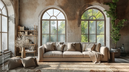 Modern Loft Living: Elegant Beige Sofa in Mediterranean Interior © AIGen