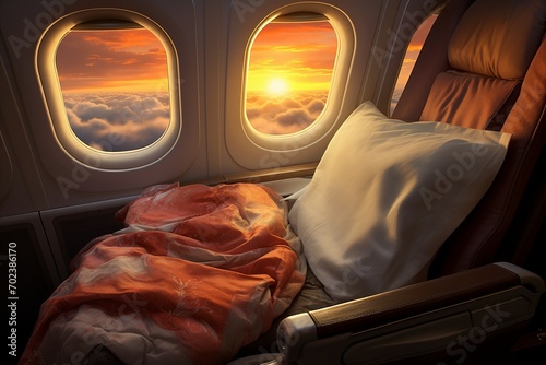 Breathtaking View of a Beautiful Sunset with Fluffy Clouds from the Airplane Window. Comfortable passenger seat with pillow and blanket