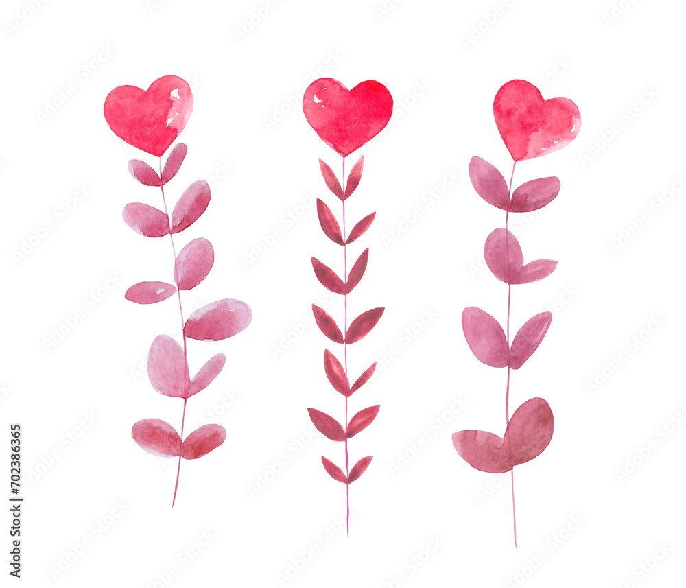 Three pink branches with hearts on the tops. Fantasy branch for Valentine's day. Valentine's Day, wedding, birthday, children's party, any creative ideas.