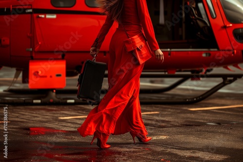 A woman in a red business suit with a briefcase in her hand walks towards a helicopter.