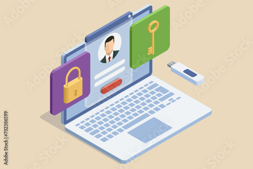 Isometrics protect data and confidentiality. Safety and confidential data protection, concept with character saving code and check access. Cybersecurity concept, user privacy security and encryption
