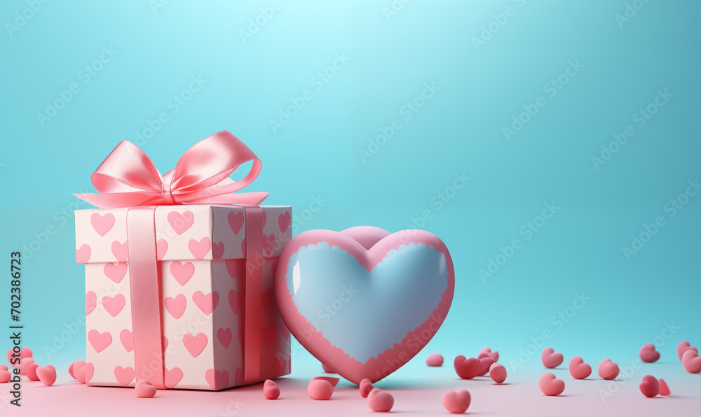 Pink gift box and pink-blue heart on a blue background. Valentine’s Day celebration. Generated by artificial intelligence.