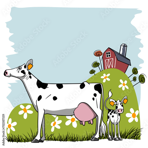 Dairy cow and her calf holstein illustration in a meadow looking towards the observer on a side view and with barn in the background in the distance