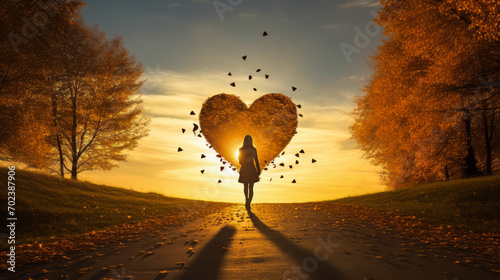 A woman's silhouette journeys along an autumn road, framed by a heart-shaped leaf formation in the sky. photo