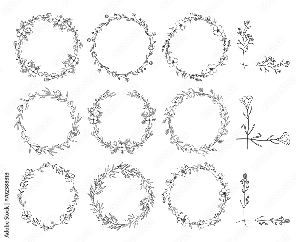 Line art wildflowers wreaths and floral corners, line art drawing, botanical vector illustration