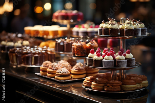 A dessert buffet display at a hotel event  featuring an array of decadent sweets for guests to enjoy. Concept of indulgent culinary offerings. Generative Ai.