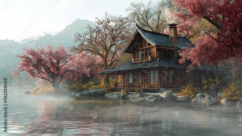 Peaceful nature landscape background with Traditional house on a beautiful lake and night clear sky. animation cartoon style video art design