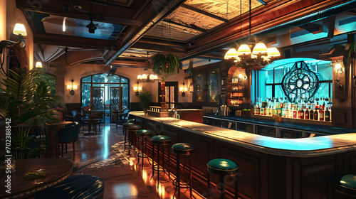 Modern bar with wooden furniture blue light