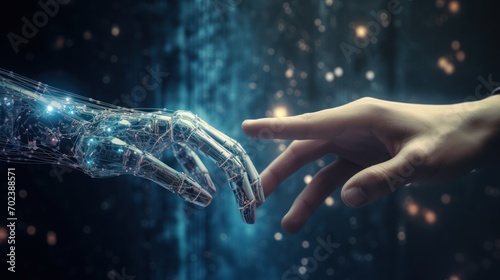 AI, robot and human hands touch big data of global network connection, photo