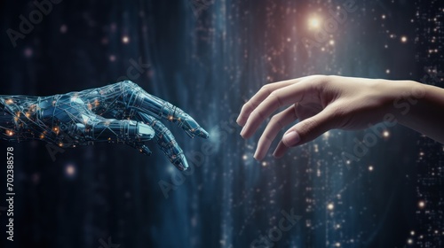 AI, robot and human hands touch big data of global network connection, © venusvi