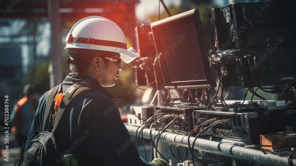 Behind the male engineer wearing a helmet To monitor and maintain the 5G network Behind the male engineer wearing a helmet To monitor and maintain the 5G network