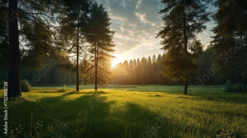 Beautiful landscape with sunlight and forests and meadows at sunrise.