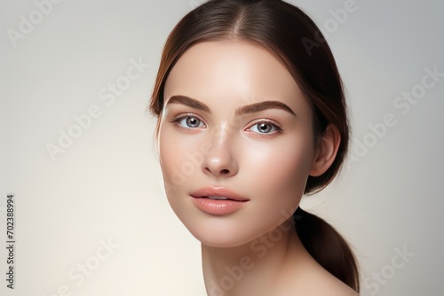 Close-up of the face of a beautiful young woman with glowing, healthy skin applying cream.