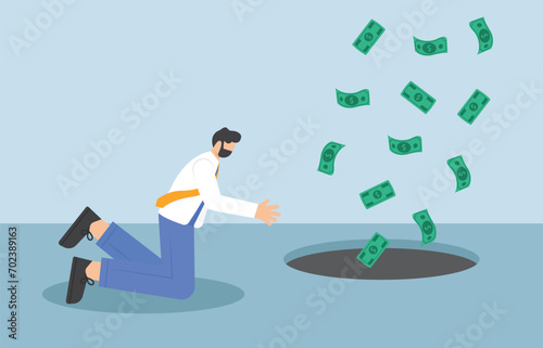 Businessman panic when money down drain, illustration vector cartoon

