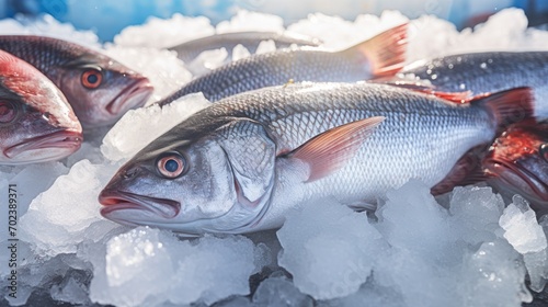 Fresh fish on ice Selling fresh frozen fish at farmers markets photo