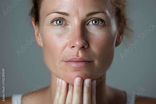 Caucasian female face. with freckles touching the skin photo
