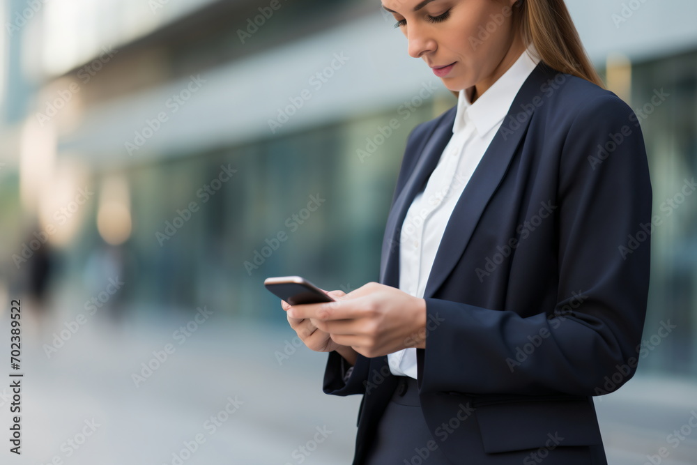 Businesswoman in suit using smartphone in urban setting Businesswoman in suit using smartphone in urban setting