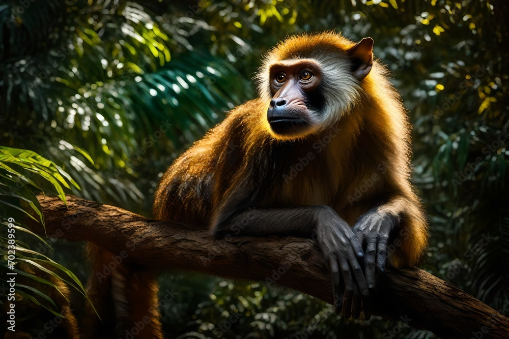 Obraz premium Picture a Wolf's Mona Monkey perched on a sunlit branch in a dense jungle, its fur illuminated with the perfect lighting, showcasing