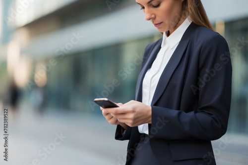 Businesswoman in suit using smartphone in urban setting