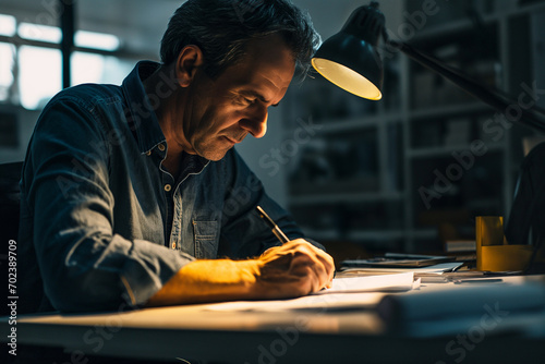 focused man in his 60s writing on paper under a desk lamp, in a dark room, possibly an office at night photo