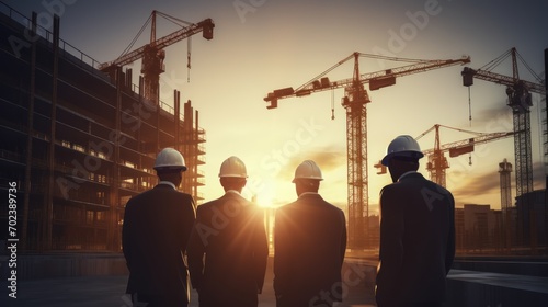 Silhouette of a team of business engineers looking at blueprints at a construction site, blurred construction site background at sunset
