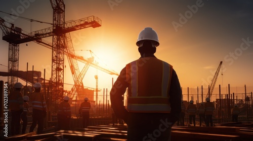 engineers and workers at height on construction site at sunset.