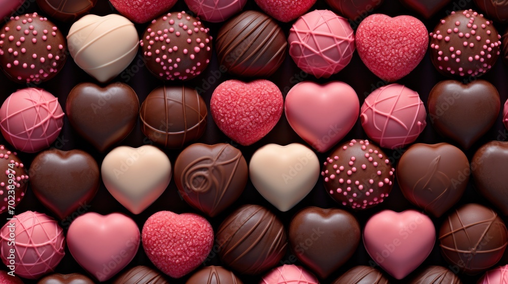 Valentine's Day, many different chocolate pralines fill the background. Valentine's Day, many different chocolate pralines fill the background.