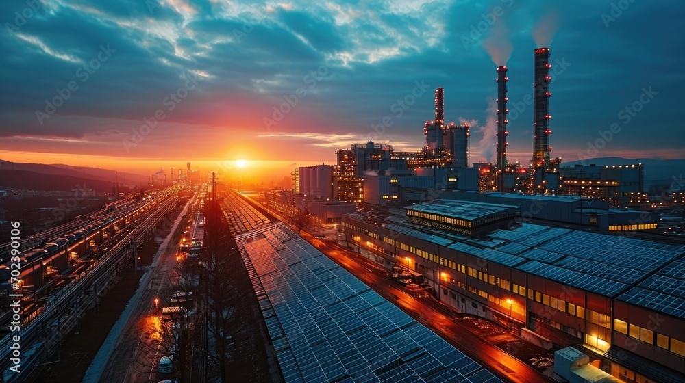 Industrial landscape with power station and high-rise buildings at sunset