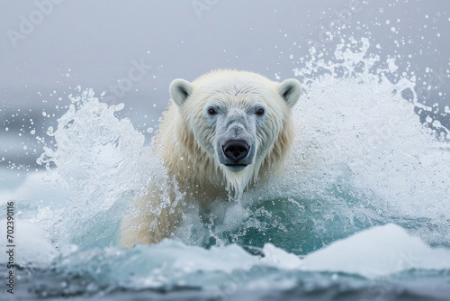 A polar bear emerging from the Arctic waters with a splash © Veniamin Kraskov