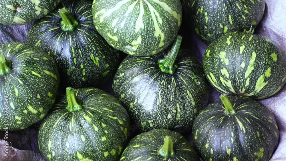 Close-up views of Small Crude Fiber Green Shell Sweet Pumpkin. 