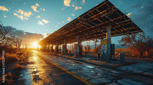Abandoned gas station at sunset. The concept of environmental pollution photo