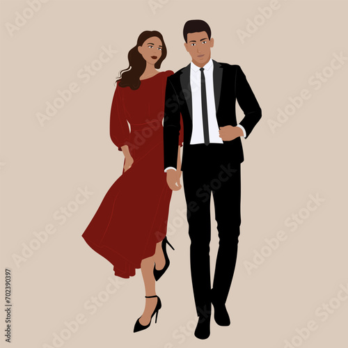 Couple in evening formal wear, man and woman together isolated on white background. Vector flat illustration. Modern stylish young people, Valentine's Day