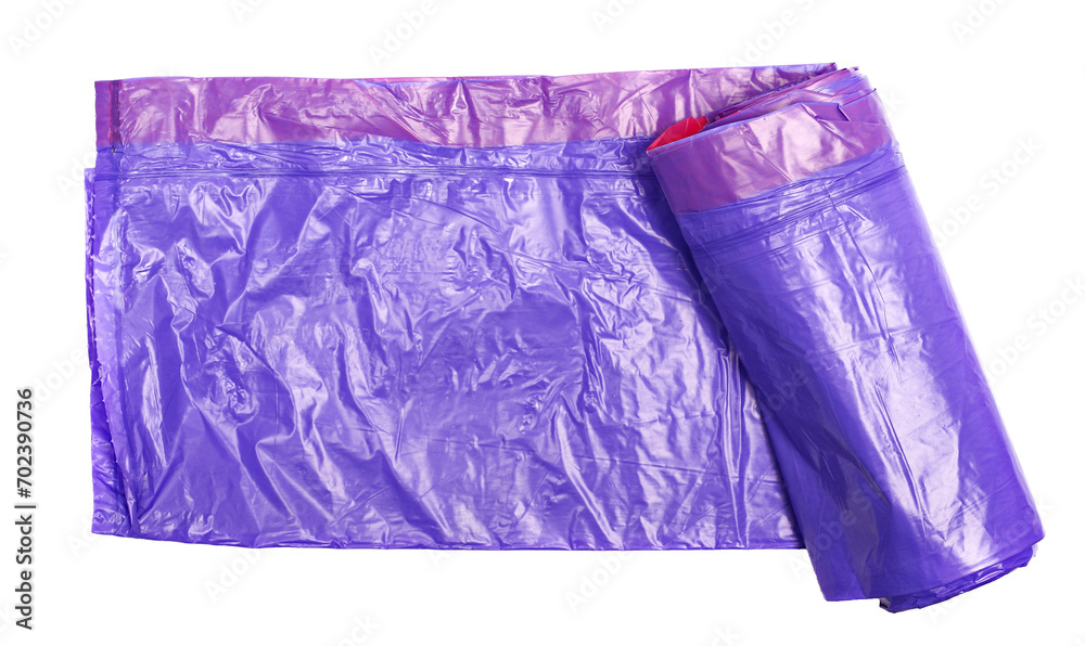 Violet plastic garbage bag, isolated on white background