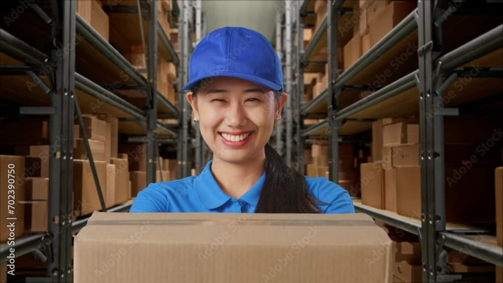 Close Up Of Asian Female Courier In Blue Uniform Showing A Carton To Camera And Smiling While Delivering It In Warehouse
Close Up Of Asian Female Courier In Blue Uniform Showing A Carton To Camera And Smiling While Delivering It In Warehouse